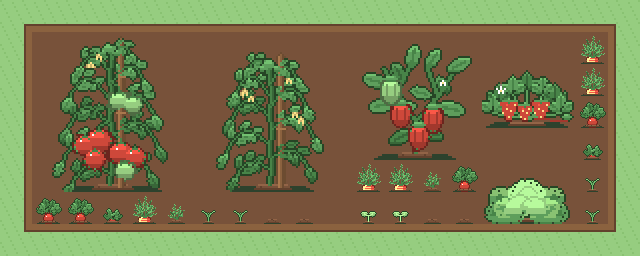 Un bancal en pixel-art con tomateras, lechugas, zanahorias y fresas listas para cosechar.
